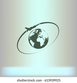 Airplane fly around the planet Earth. Logo.