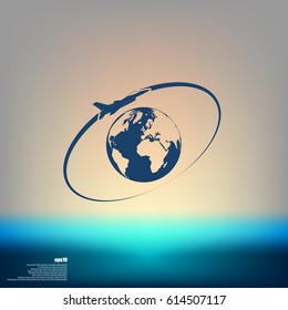 Airplane fly around the planet Earth. Logo.