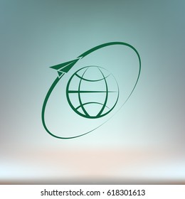 Airplane fly around the planet Earth. Logo.