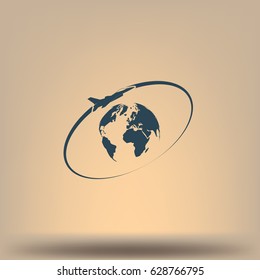 Airplane fly around the planet Earth. Logo.