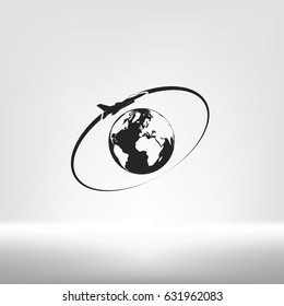 Airplane fly around the planet Earth. Logo.