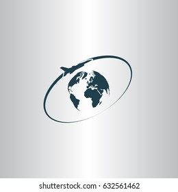 Airplane fly around the planet Earth. Logo.