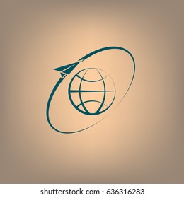 Airplane fly around the planet Earth. Logo.