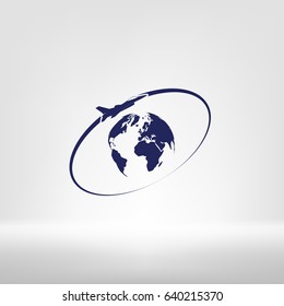 Airplane fly around the planet Earth. Logo.