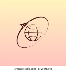 Airplane fly around the planet Earth. Logo.