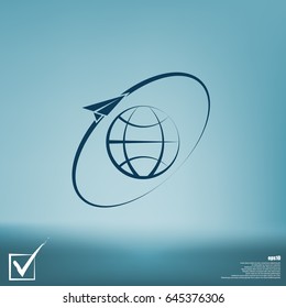 Airplane fly around the planet Earth. Logo.