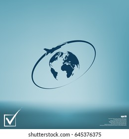 Airplane fly around the planet Earth. Logo.