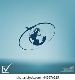 Airplane fly around the planet Earth. Logo.