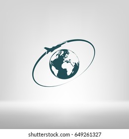 Airplane fly around the planet Earth. Logo.