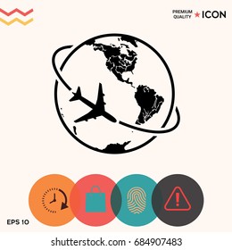 Airplane fly around the planet Earth logo icon