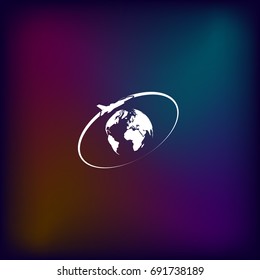 Airplane fly around the planet Earth. Logo.