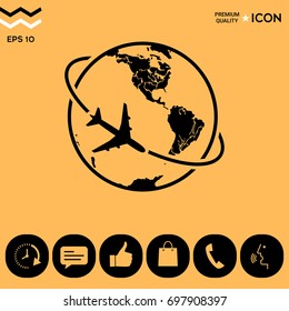 Airplane fly around the planet Earth logo icon