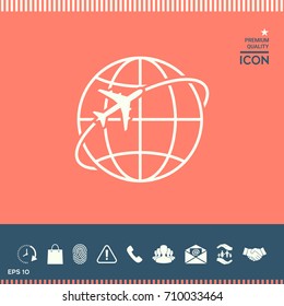 Airplane fly around the planet Earth logo icon