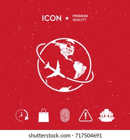 Airplane fly around the planet Earth logo icon