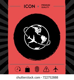 Airplane fly around the planet Earth logo icon