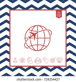 Airplane fly around the planet Earth logo icon