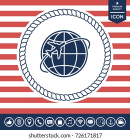 Airplane fly around the planet Earth logo