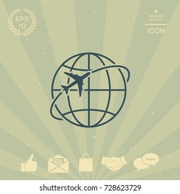 Airplane fly around the planet Earth logo icon