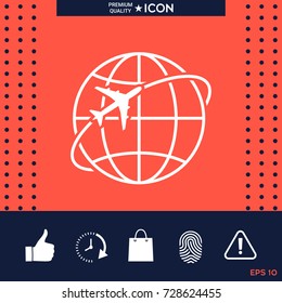 Airplane fly around the planet Earth logo icon