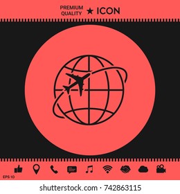 Airplane fly around the planet Earth logo icon