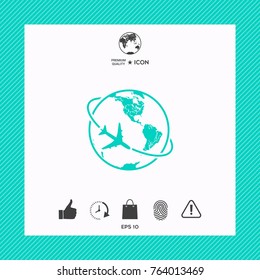 Airplane fly around the planet Earth logo icon