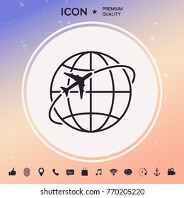 Airplane fly around the planet Earth logo icon