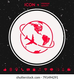 Airplane fly around the planet Earth logo icon
