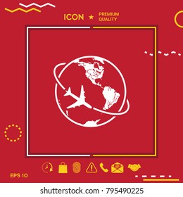Airplane fly around the planet Earth logo icon