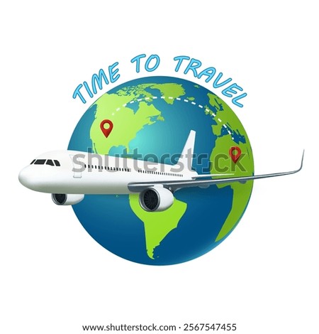 Airplane fly around the planet Earth, travel concept design, vector illustration