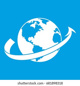 Airplane fly around the planet icon white isolated on blue background vector illustration