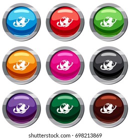 Airplane fly around the planet set icon isolated on white. 9 icon collection vector illustration