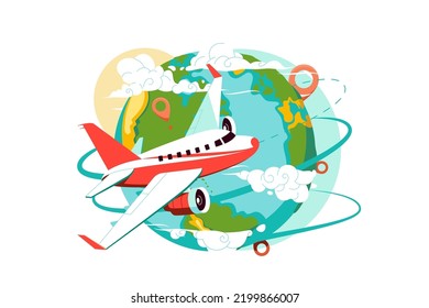 Airplane fly around world globe, explore planet vector illustration. Plane with passengers flat style. Travelling, adventure, trip concept