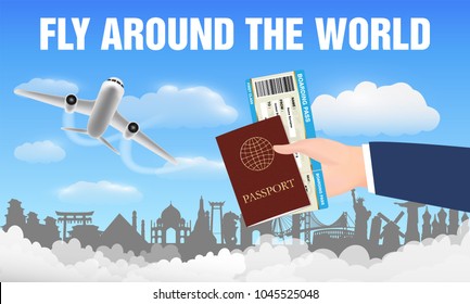 airplane fly around the world and hand passport