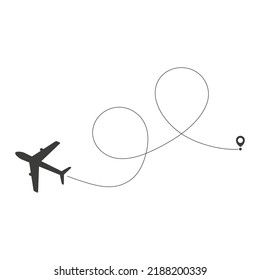 Avión vuela en línea. Plano de aire volador con puntero de anclaje inicial. Vector aislado en blanco.