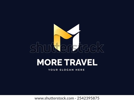 Airplane Fly on Letter M Logo Symbol Inspiration. Initial Letter M with Airplane Icon Symbol Logo Design. Aviation and Travel Symbol for Corporate Business Identity. Alphabet Vector Logo