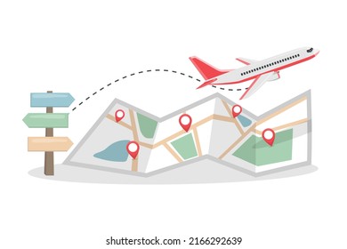 airplane fly on map with pin white background. travel and tourism world concept. road trip. route planning on holiday. journey vacation with location point. vector illustration in flat style.