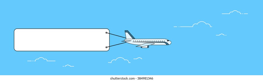 Airplane Fly Sky With Banner Empty Copy Space Advertisement Thin Line Vector Illustration
