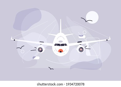Airplane fly in sky vector illustration. Aircraft with passengers flat style. Commercial jet airplane take off. Time to travel, transport business concept. Isolated on grey background