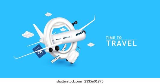 airplane fly through plane window with passport air ticket and suitcase luggage bag white, cloud glasses. For media about tourism advertising design. Isolated on blue background. Holiday travel vector