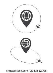 Airplane fly with track and pin map pointer icon