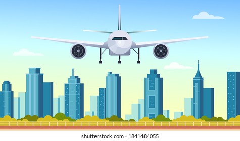 Airplane fly under modern city skyscrapers vector flat graphic design illustration concept