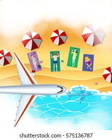 Airplane flying above the beach illustration