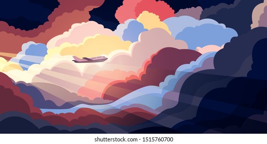 Airplane flying above beautiful clouds in sunset or sunrise light. Travel concept. Colorful vector illustration