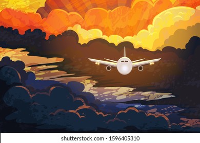 Airplane flying above beautiful clouds in sunset or sunrise light. Travel concept. Colorful vector illustration