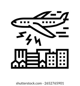 avião voando acima, causando poluição sonora ícone de linha vetor. avião voando acima, causando poluição sonora sinal. isolado contorno símbolo ilustração preta