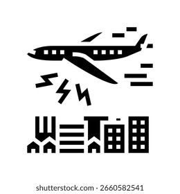 Avión que vuela arriba, causando la contaminación acústica Vector del icono del glifo. Avión que vuela arriba, causando el signo de la contaminación acústica