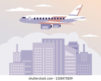 Airplane flying above city town buildings. Traveling tourism vacation concept. Vector flat cartoon graphic design illustration banner poster