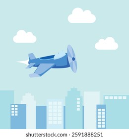 Airplane Flying Above the Clear Blue Sky with CIty Background Vector Illustration