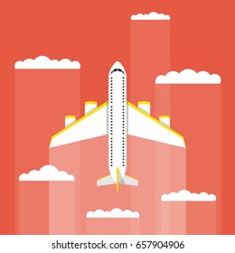 Airplane flying above the clouds. Around the world travelling concept. Flat cartoon style. Vector illustration.