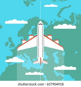 Airplane flying above the clouds. Around the world travelling concept. Flat cartoon style. Vector illustration.